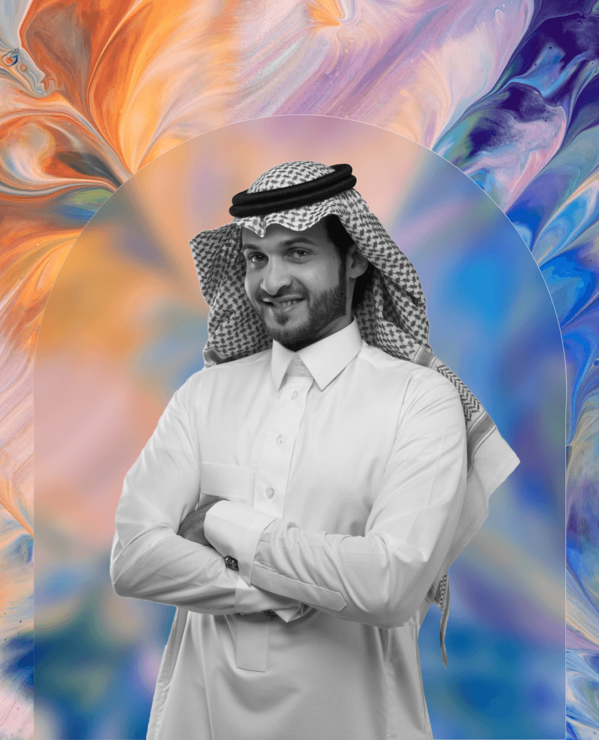 Forex broker standing in front of a colorful abstract background