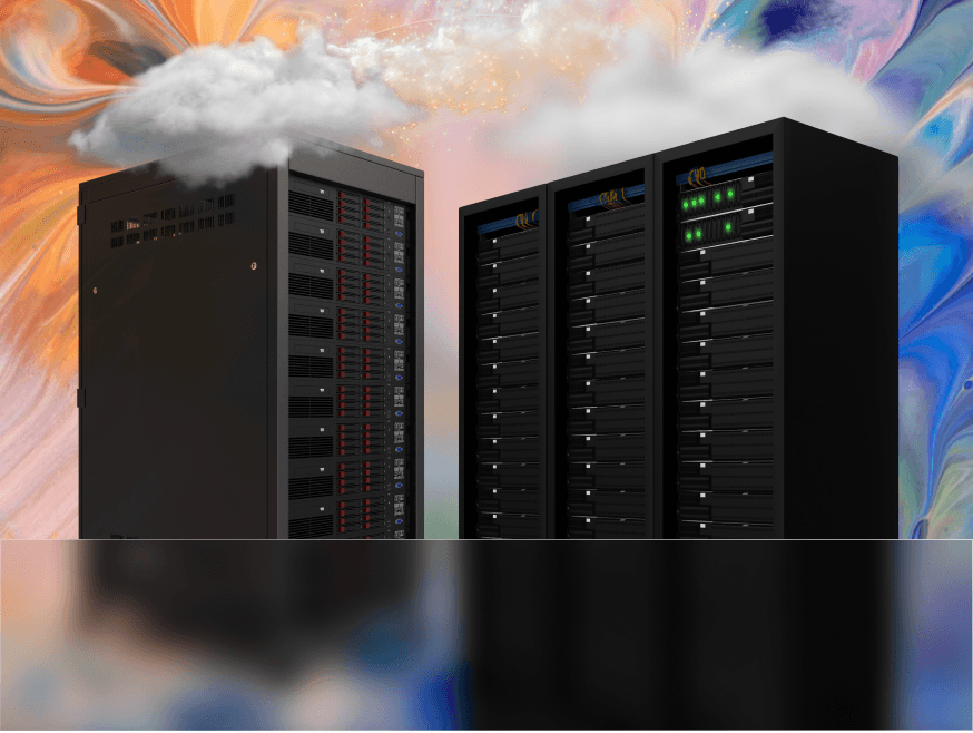 Server racks under clouds on a colorful abstract background