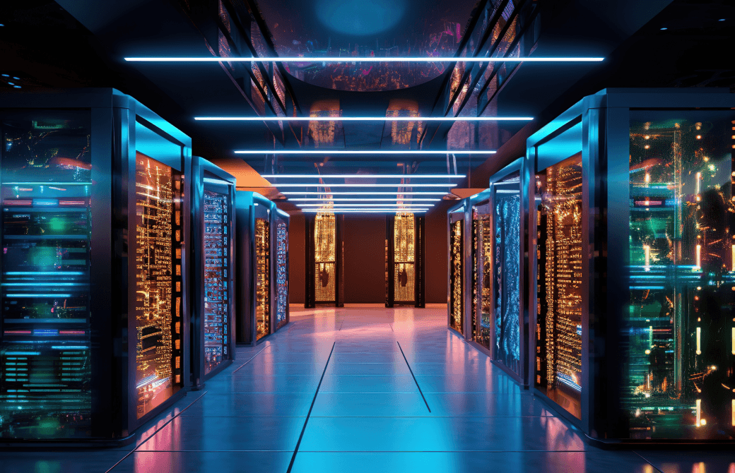 Server corridor lit with blue neon lights