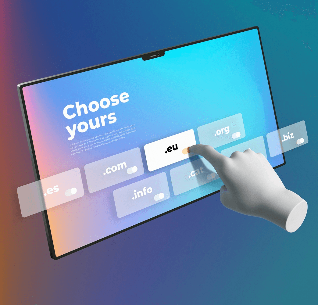 Hand picking a domain extension on a colorful tablet screen